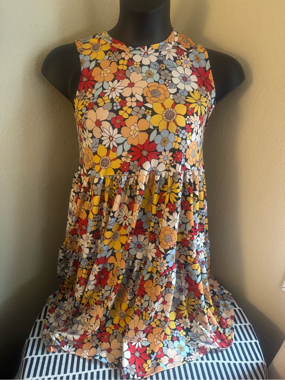 Rainbow Multicolor Floral Tiered Midi Dress — Yellow, Red, Blue
